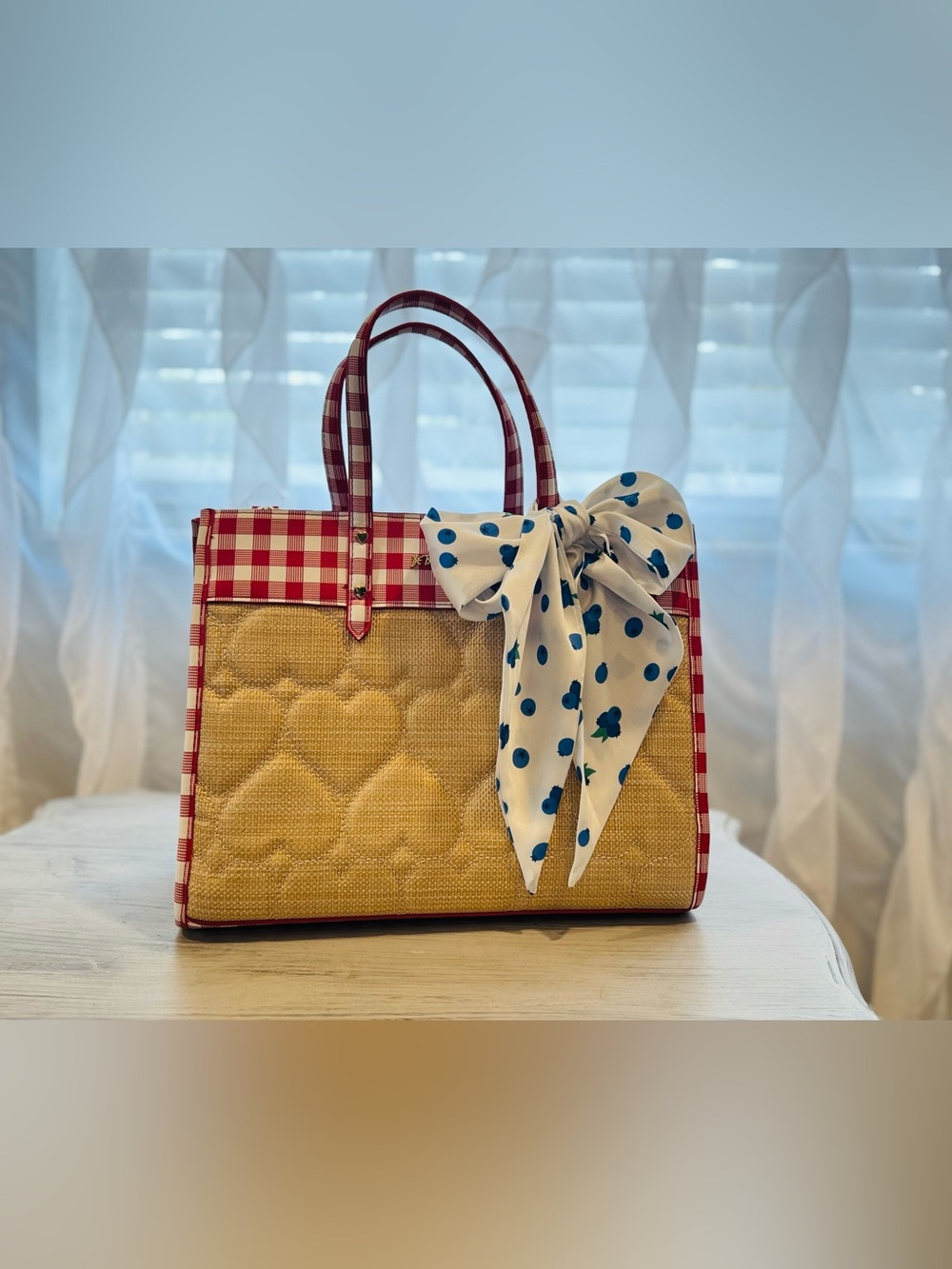 Raffia Tote with Red Gingham Trim and Polka Dot Bow